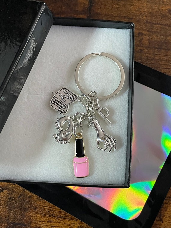 Personalised Initial Letter Nail Technician Manicurist Key Ring Charm PINK Polish Toes Fingers Hands Gift Box Occupation Fun Gift Boxed Bag