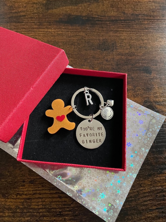 PERSONALISED Initial Letter Charm And You’re My Favorite Ginger Key Ring Set Smiley Face Heart Ginger Bread Man Gold Gift Box Or Bag Quirky