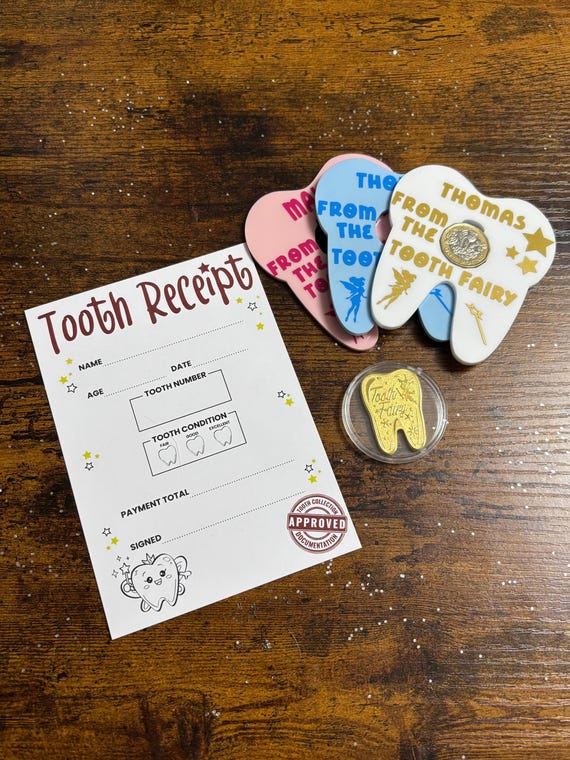 Personalised Child Name Lost Tooth Fairy Pound Coin Holder In Choice Of Three Colours Tooth Receipt Card Gold Coin Keepsake Set
