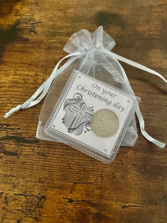 On your CHRISTENING DAY lucky sixpence coin good luck keepsake gift for inside card organza bag cross flowers poems pink silver white colour