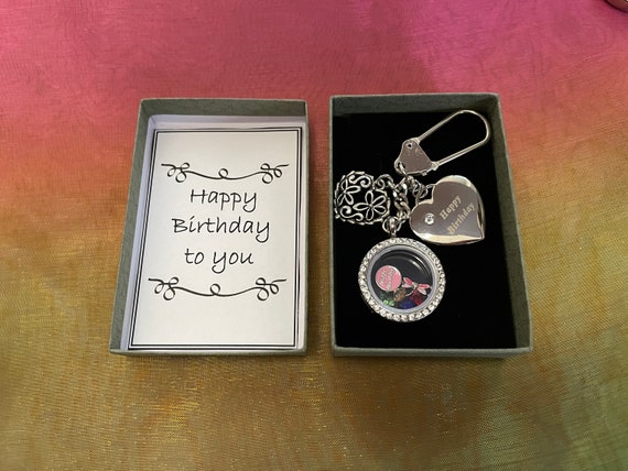 Happy Birthday Memory Locket Keepsake Keyring Charm Set Dragonfly Crystals Rhinestone Filigree Hearts Gift Boxed Quirky Special Beautiful