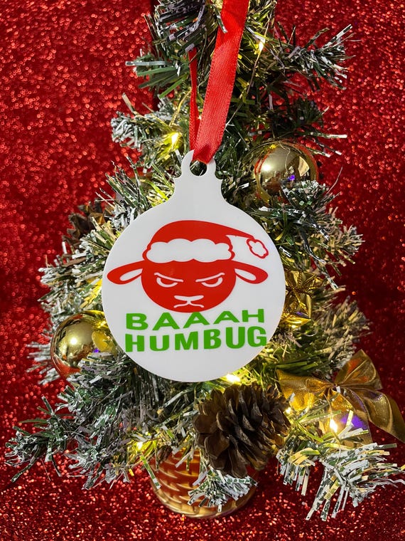 CHRISTMAS Tree Decoration Bauble Baaaah Humbug Sheep For Xmas Haters Fun Quirky Novelty Secret Santa Stocking Filler Shimmer Bag Red Green
