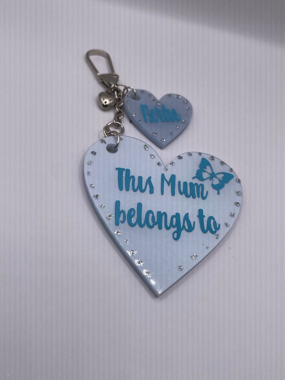 PERSONALISED Pearl blue effect Large heart and small ones this mum nan auntie etc belongs too glitter dots butterfly keepsake keyring charm