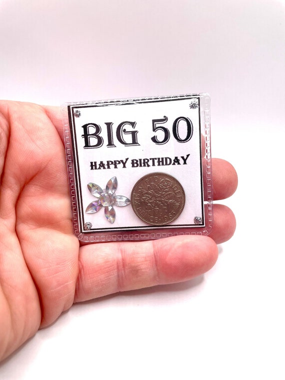 BIG 50 BIRTHDAY Lucky Sixpence Coin Keepsake Gift Purse Wallet Card Gemstones Organza Bag 50th Poem Random Year Dates Fun Quirky Novelty