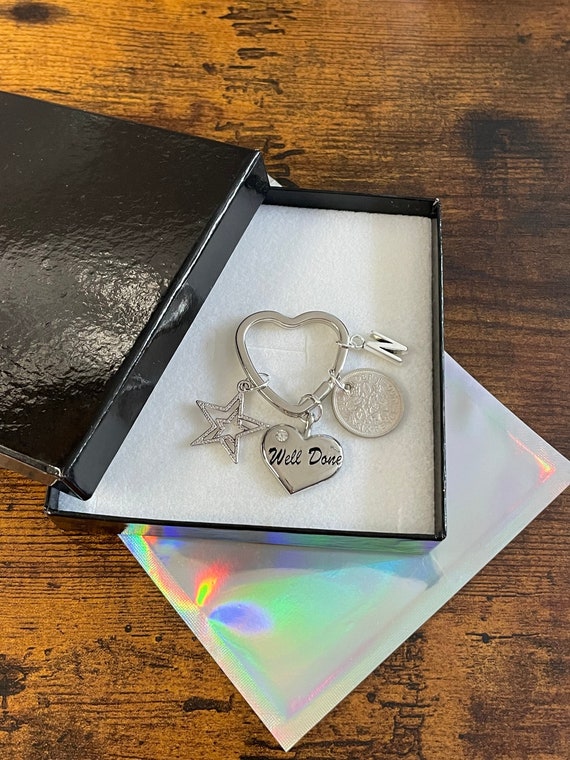 Personalised Initial Charm Well Done Lucky Sixpence Coin Pendant Key Charm Set Gift Large Star Graduation Graduated Any Course Work Boxed