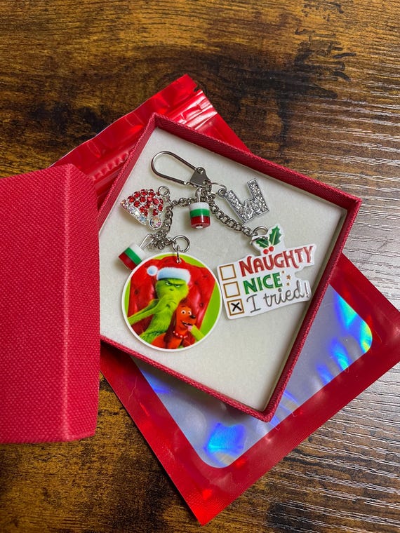 Personalised Initial CHRISTMAS Naughty Nice I TRIED The Grinch Key Ring Charm Set Crystal Santa Hat Gift Box Bag Secret Santa Anyone Fun