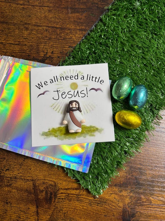 We All Need A Little JESUS Little Pocket Hug Style Gift Free Standing Resin Made Carded Gift Bag Easter Religion Christening Fun Quirky