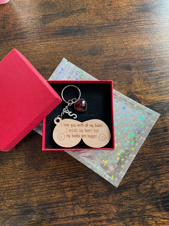 PERSONALISED Initial Charm Pendant I Love You With My Boobs Key Ring Charm Set Keepsake Fun Novelty Gift Box Bag Red Heart Birthday Valenti