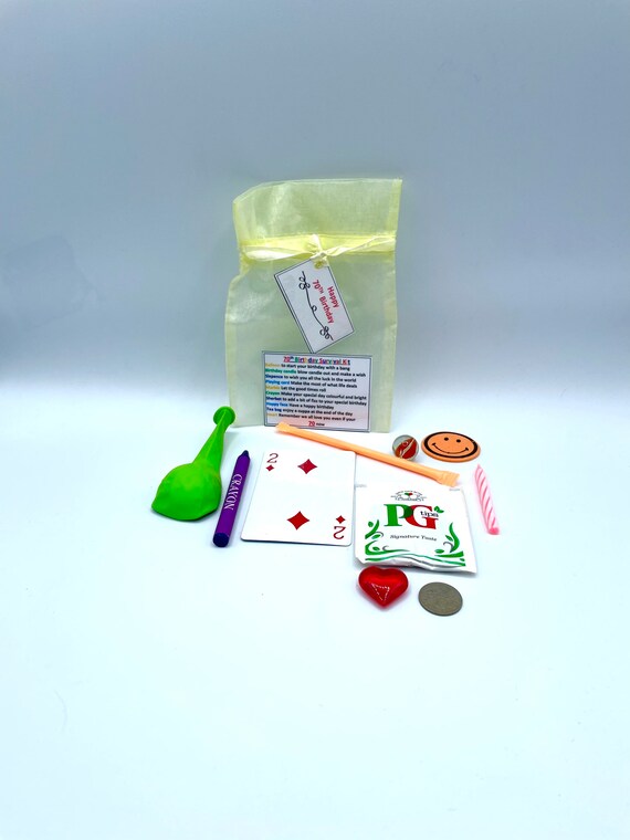50TH FIFTY Survival Kit Fun Novelty Gift Present Birthday Greeting Cards Unique Quirky Colour Organza Bag Candle Card Balloon Smiles
