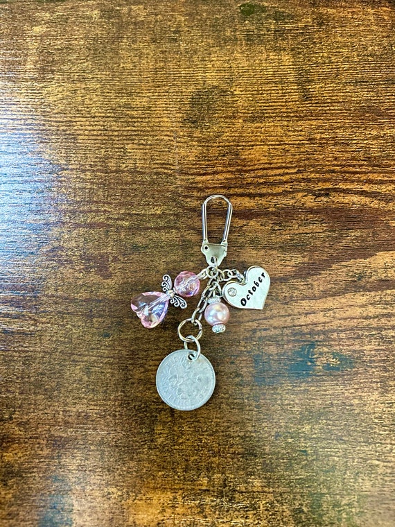 Month Heart Charm And Birthstone Colour Angel Lucky Sixpence Coin 12 Month Year Keepsake Key Charm