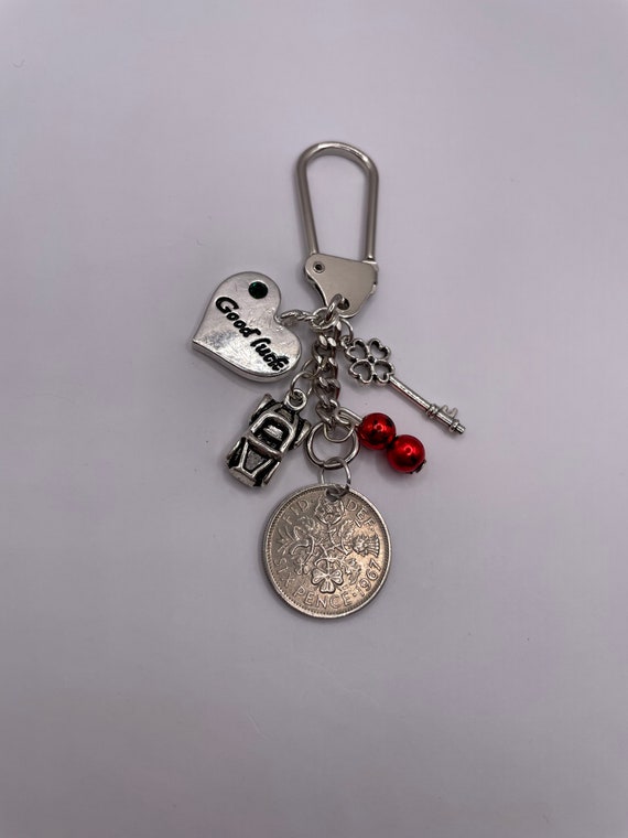 Lucky silver sixpence coin good luck on lessons or driving test keepsake key ring or bag charm set car key beads poem gift box set