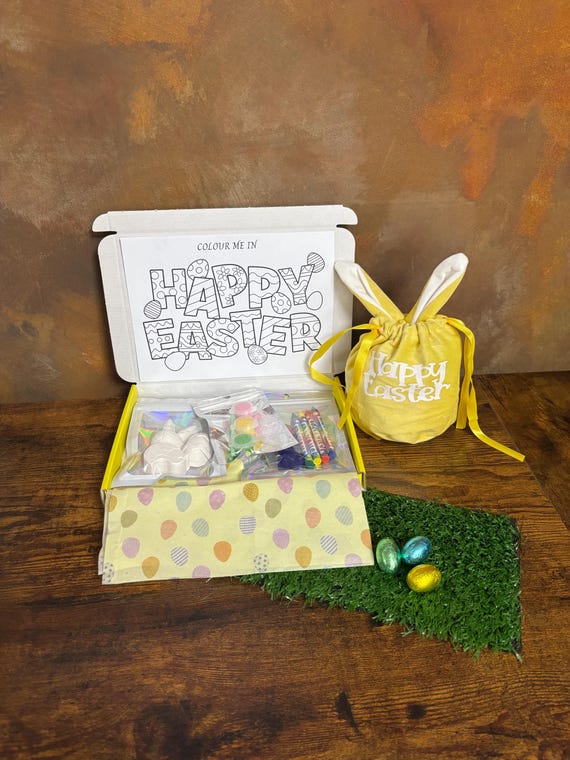 PERSONALISED Name BUNNY RABBIT Velvet Drawstring Gift Bag Painting Set Clay Chalk Colouring Easter Printed Face Ears Party Favour Fillable