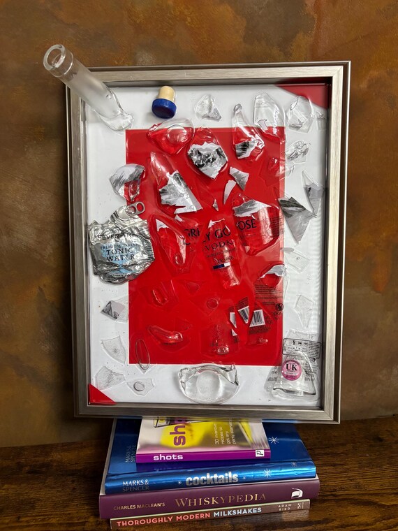 Vodka & Tonic Broken Smashed Bottle Resin Made Large Framed Wall Art Blue Red Backgrounds Grey Goose Unique Fun Gift Keepsake 3D Recycled