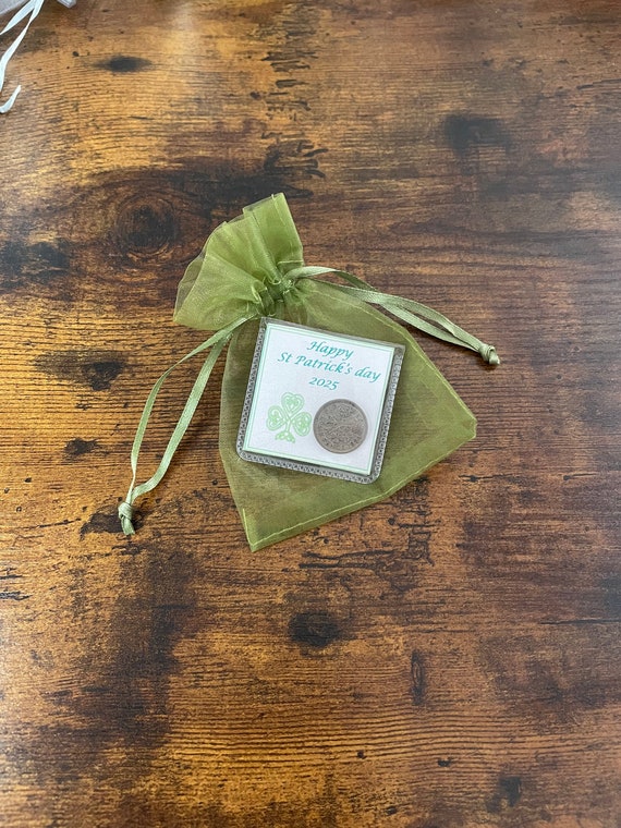 ST PATRICKS Lucky Sixpence British Coin Keepsake 2025 Shamrock Clover Organza Bag Good Luck Fun Quirky Gift Wallet Purse 17TH March Day Card