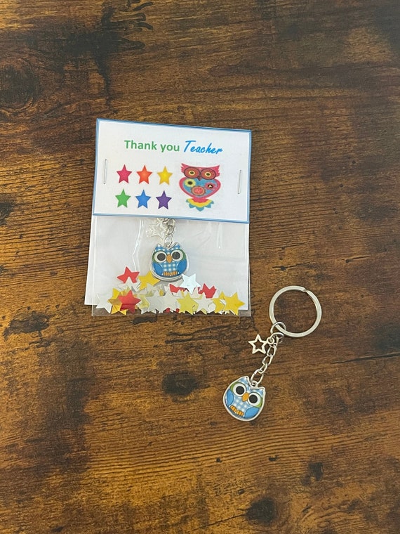 TEACHER BLUE OWL key ring charm set keepsake gift laminated card stars end of term christmas half term fun quirky confetti