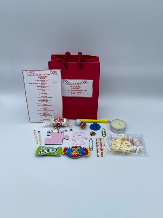 For The One I LOVE Survival Novelty Fun Quirky Gift Set Unique Meanings Card Puzzle Marbles Jigsaw Mints Crayons Pins Buttons Happy Face Bag