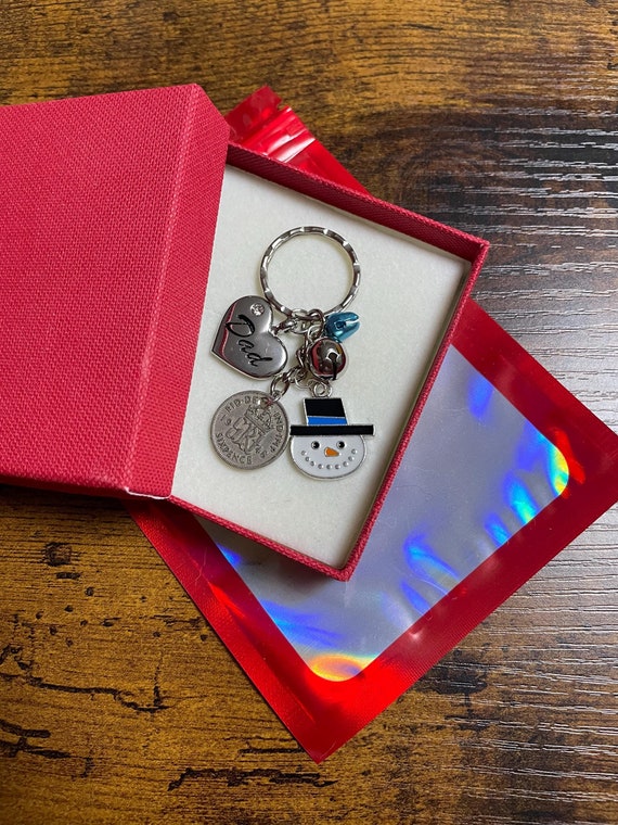 CHRISTMAS Lucky Sixpence Snowman Jingle Bells Key Ring Charm Set For Any Family Member Gift Box Or Bag Dad Grandad Keepsake Memories Quirky