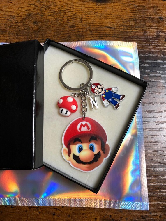 Personalised Initial Letter Super Mario Large Head Mushrooms Key Ring Or Bag Charm Nintendo Retro Gift Box Shimmer Bag Birthday Novelty Fun