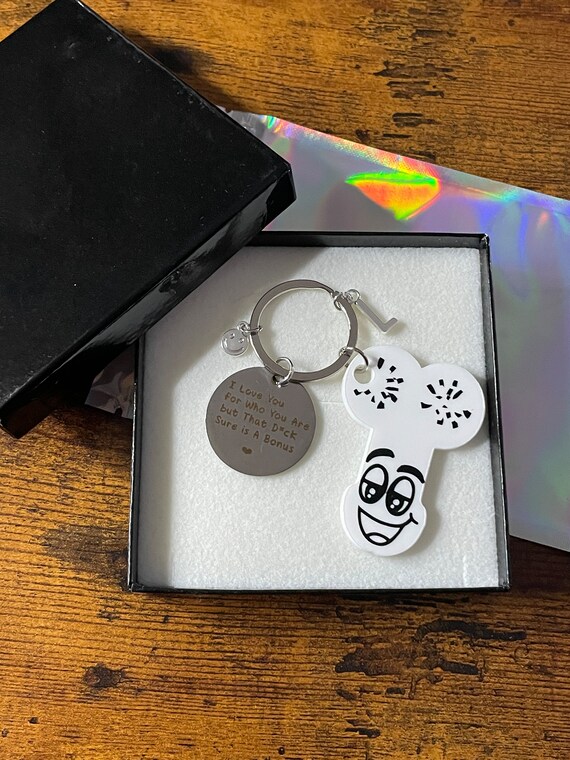 I Love You For You But That D**K Is A Bonus Key Ring Charm Willy Set Personalised Initial Letter Smiley Face Fun Novelty Quirky Birthday