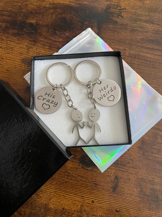 His CRAZY Her WEIRDO Stick People Joined Heart Key Bag Charm Pendant Set Fun Quirky Wedding Birthday Any OCCASION One Each Novelty Gift Box