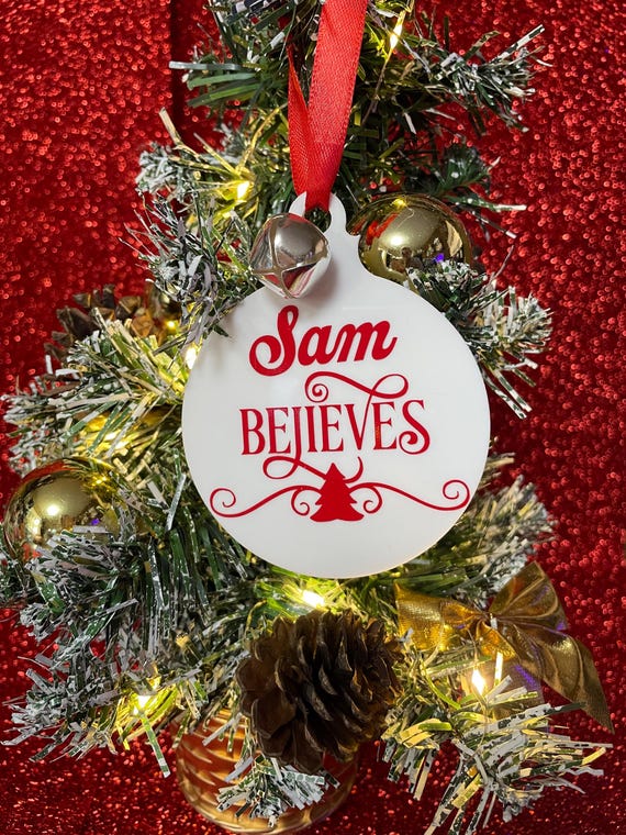 PERSONALISED Christmas Tree Bauble Decoration Believe (any name) Jingle Bell Keepsake Gift Santa Reindeer Vinyl Printed Ribbon Two Sizes