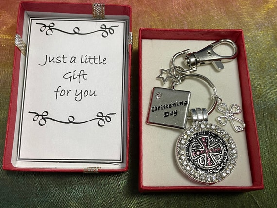Christening day keyring bag keepsake charm set cross rhinestone fab gift boxed star square charm personalised with your own details for box