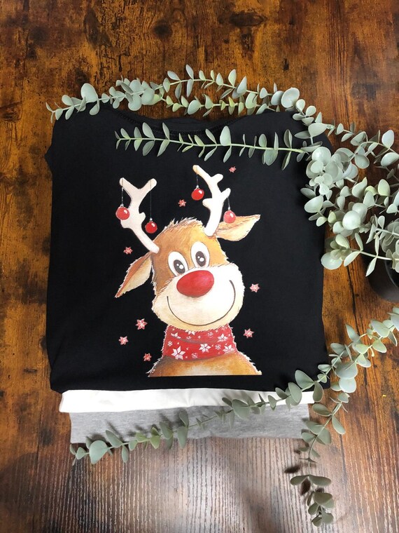 Christmas Reindeer Printed T Shirt Rudolph Red Nose Bells Heat Transfer Keepsake Fun Gift Anyone Party Wear Secret Santa Pretty All Sizes
