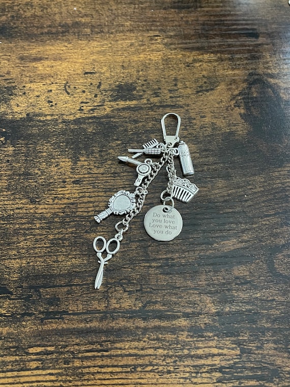 Do What You Love What You Do Hairdresser Stylist Double Key Ring Or Bag Pendant Hairspray Comb Dryer Scissors Mirror Charms Gift Box Bag Fun