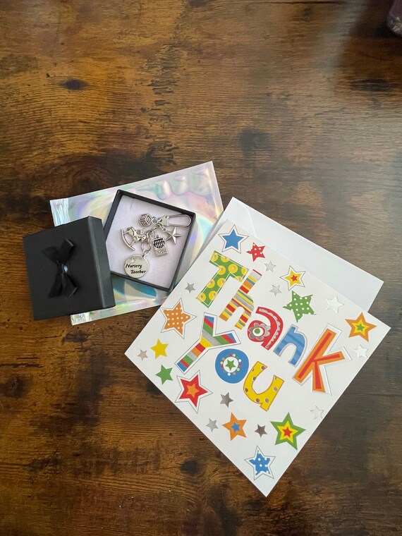 Nursery Teacher Keepsake Key ring charm pendant FREE CARD keepsake set gift boxed jigsaw rocking horse abc crayons end of term thank you