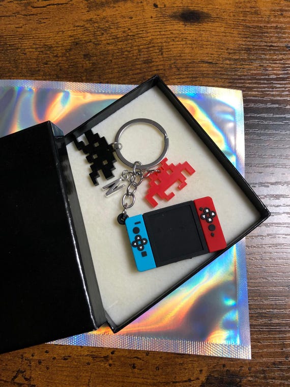 Personalised Initial Letter KeyRing Charm Nintendo Switch Space Invaders Eat Sleep Game Repeat Keepsake Fun Gift Box Bag Red Black Blue 80s
