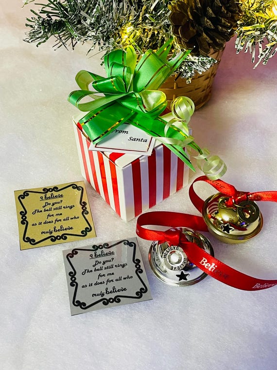 SANTA Reindeer Lost Polar Express Inspired Jingle Sleigh Bell Silver Or Gold Believe Stripe Box Green Bow Christmas Eve Under Tree Gift
