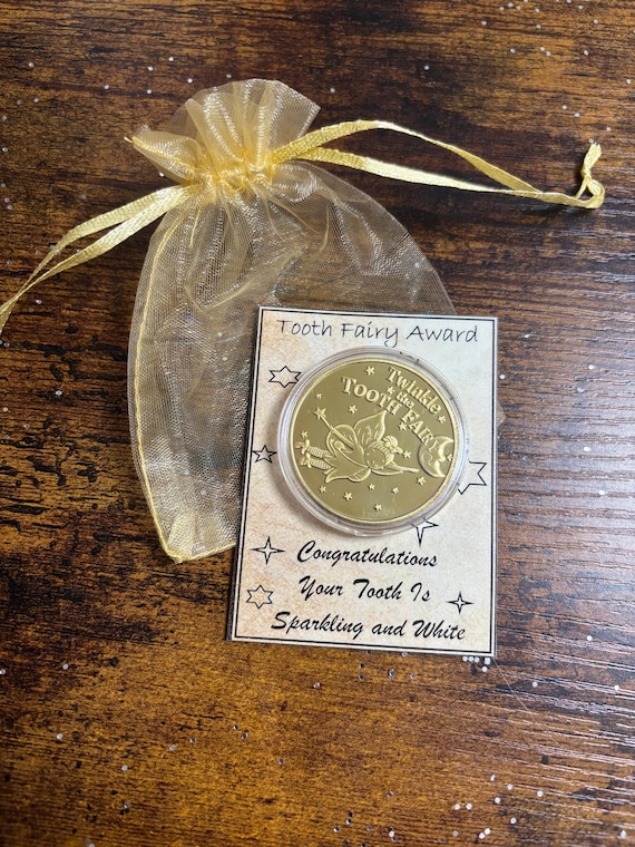 Tooth Fairy Award Gold Colour Coin Congratulations Your Tooth Is Sparkling And White Keepsake Fun Gift Carded Shimmer Gift Bag Novelty
