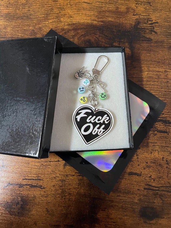 Personalised Initial Letter A RUDE key ring charm set F*** Off angry mad fed up one finger word charms quirky humorous emoji bead Keepsake