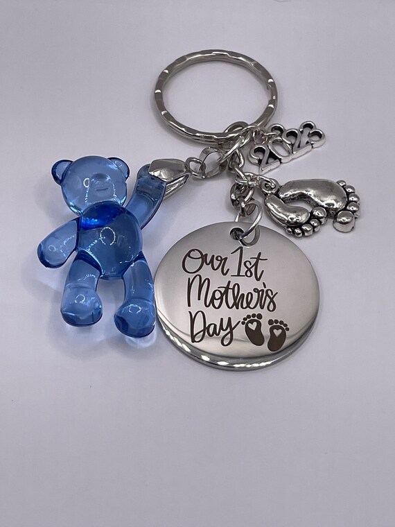 OUR 1st First Mother’s Day 2025 Teddy Bear Baby Feet Keepsake Key or Bag Charm Set Pink Blue Clear Gift Box Organza Bag Mum Mummy New Baby
