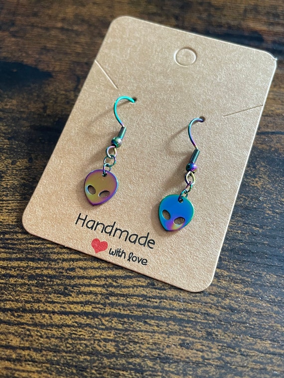 RAINBOW Style Stainless Steal ALIEN HEAD Pair of Earrings Fun Novelty Animal Lover Gift Box Bag Dangle Drop Colour Present Birthday Etc
