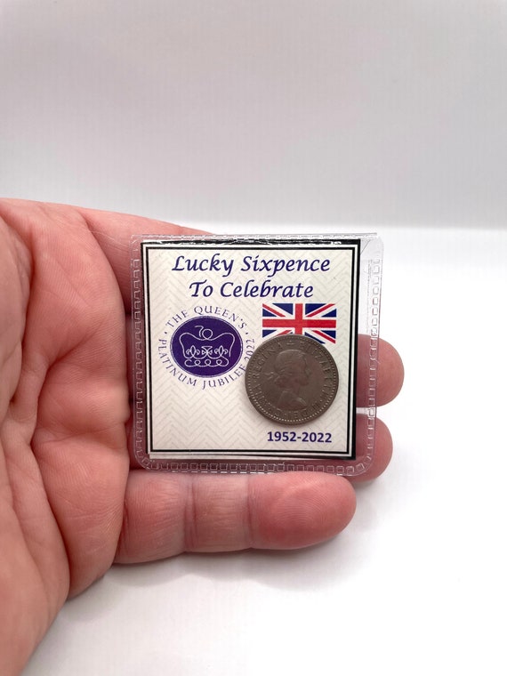Celebrate The Queen's Platinum Jubilee 2022 With A Traditional Lucky Old Sixpence Coin With Queens Head On Keepsake Quirky Gift Union Jack