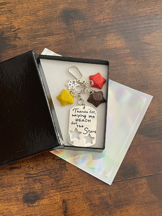 Thanks for helping me reach for the stars teacher key ring or bag charm keepsake gift coloured stars teacher heart stars gift boxed and poem