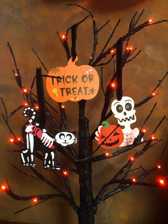 Set Of Three Halloween Tree Or Wall Decorations Pumpkin Cat Skeleton Ribbon Trick Or Treat Fun Novelty Quirky Gift Shimmer Gift Bag Spooky