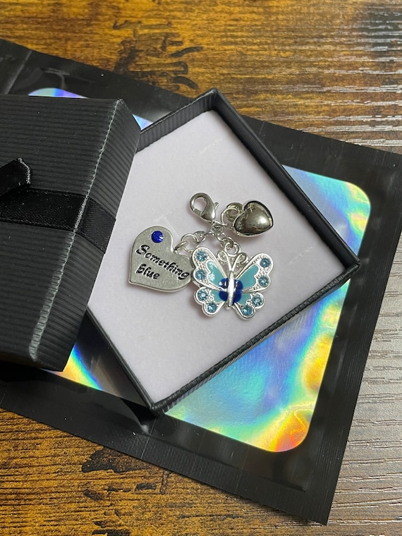 Personalised Something Blue Bride To Be Wedding Butterfly Heart Charm Keepsake Hen Party Gift Box For Garter Or Bouquet Traditional Poem