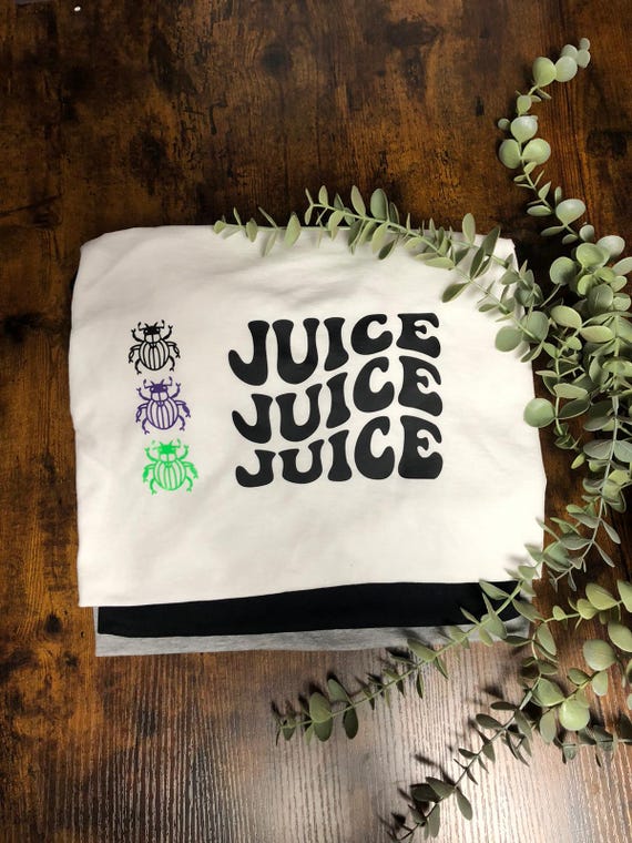 BEETLE JUICE Filmed Inspired T Shirt Mens Woman's Sizes Handmade Keepsake Fun 3 Beetles Black Green Purple Colour Vinyl Printed Fun Novelty