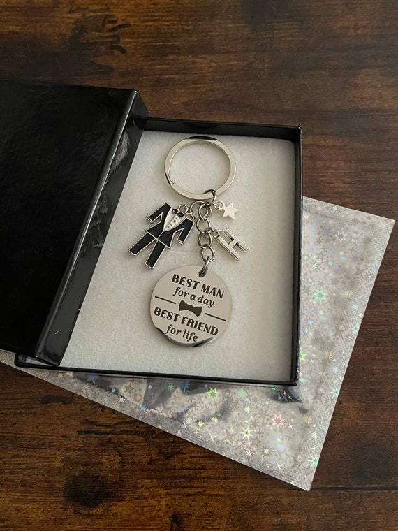 PERSONALISED Initial Letter Best Man Key Charm Keepsake Thank You Tuxedo Star Charms Best Friend Gift Box Bag Wedding Set Novelty Quirky