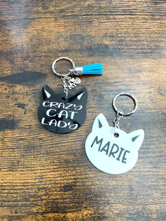 PERSONALISED CRAZY Cat Lady Key Ring Or Bag Charm Colour Tassels Black White Acrylic Gift Bag Fun Quirky Novelty Cat Lovers Name Vinyl Print