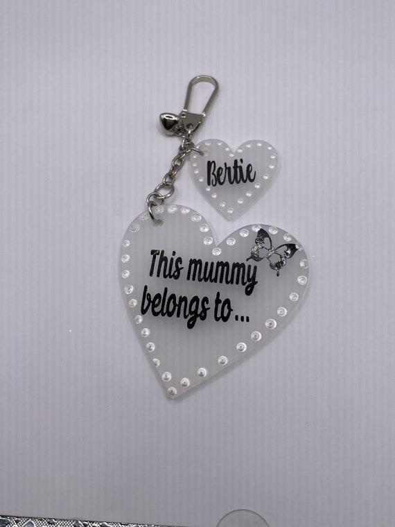 PERSONALISED Hearts key ring or bag charm keepsake gift with child/children’s names black white colour mum mummy nan nanny shimmery gift bag