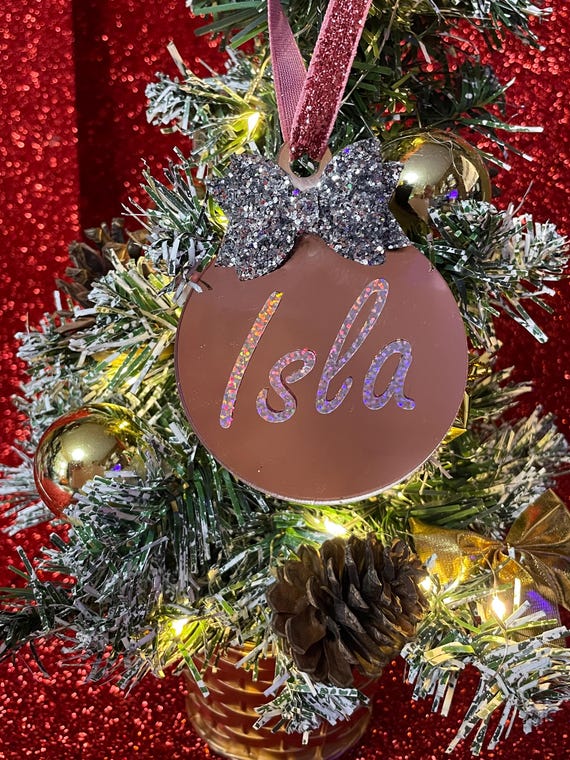 PERSONALISED Name Christmas Tree Hanger decoration bauble with glitter bow ribbon keepsake gift present fun novelty any family member name