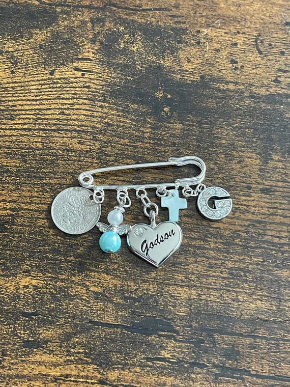 Personalised initial Christening Godson keepsake charm pin blue set cross angel lucky sixpence coin and rhinestone alphabet charm gift boxed
