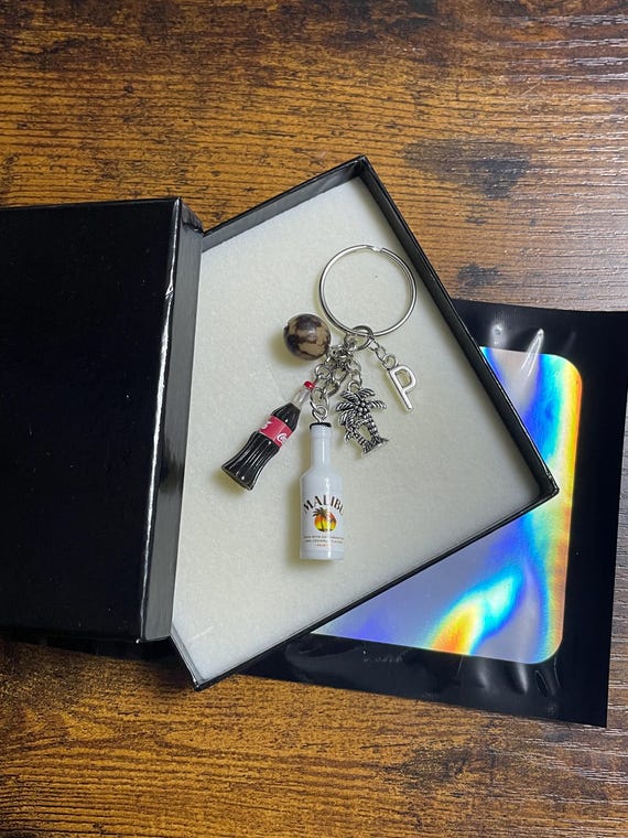 Personalised Initial Rum Drink Inspired Key Bag Charm Set Coconut Palm Tree Cola Lemon Orange Glass Caribbean Bottle Fun Quirky Boxed