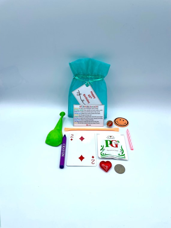 65th Sixty Five Survival Kit Fun Novelty Gift Present Birthday Greeting Cards Unique Quirky Colour Organza Bag Candle Card Balloon Smiles