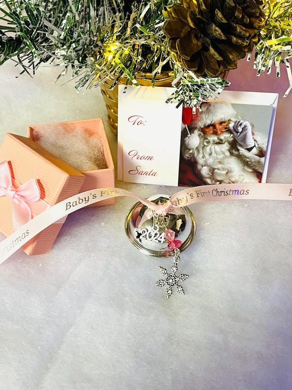 BABY’S First Christmas Snowflake Silver Jingle Bell Christmas Tree Decoration Keepsake 2024 Pink or Blue Ribbon Box Gift Card Organza Bag