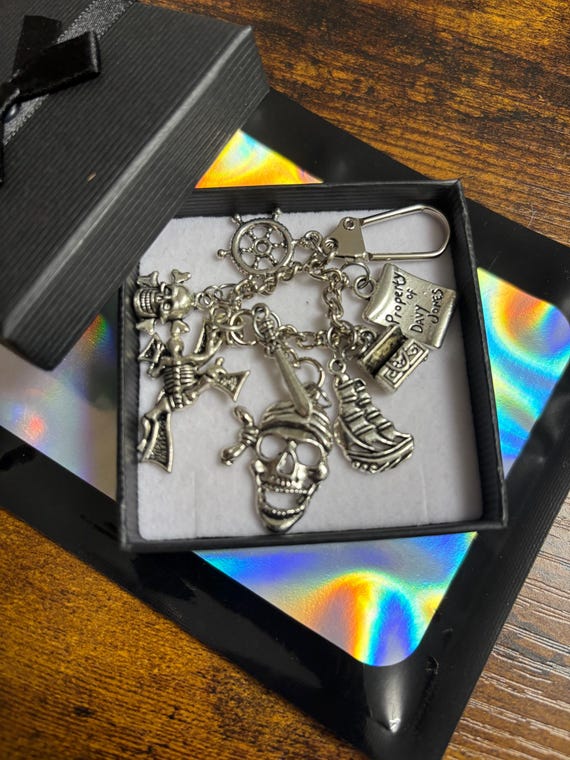 PIRATES Keyring Or Bag Charm Set Film Inspired Davy Jones Skeleton Treasure Wheel Ship Disney Inspired Keepsake Gift Box Shimmer Bag Quirky