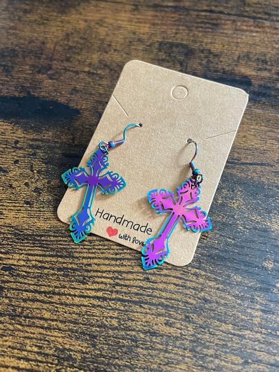 RAINBOW Style Stainless Steel LARGE Cross Pair Of Earrings Fun Novelty Gift Boxed Bag Dangle Drop Colour Present Birthday Christmas Quirky